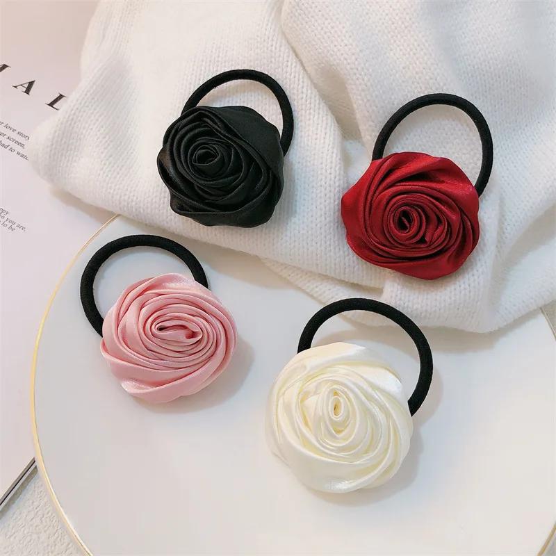 French Satin Rose Flower Scrunchies Hair Tie for Women Girls Korean Sweet Floral Ponytail Elastic Hair Band Head Rope Headdress