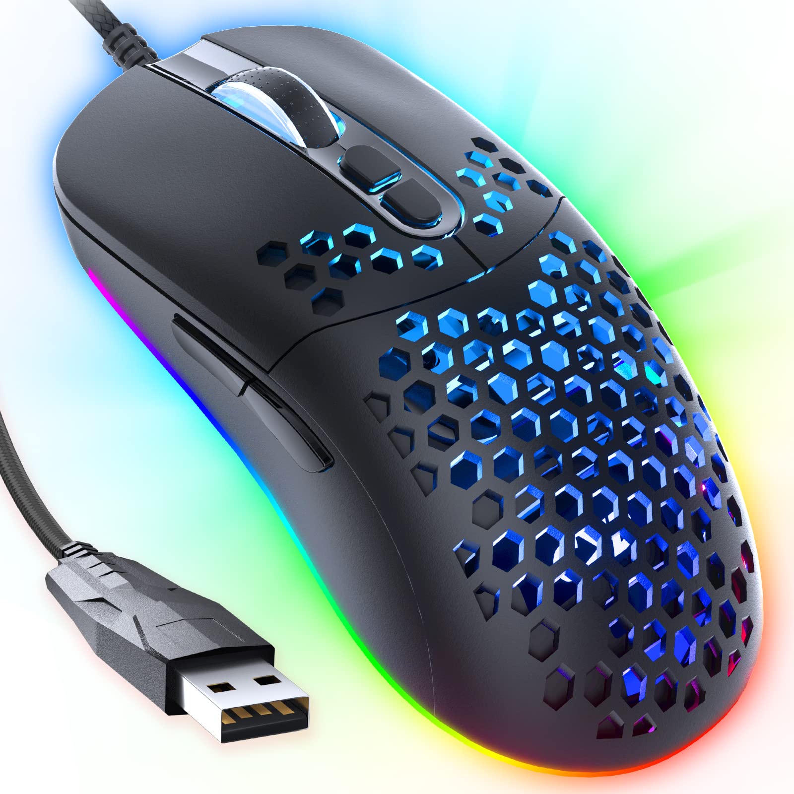 

CYD C306 Honeycomb Gaming 7200 Ergonomic USB Gaming Mouse with 7 Programmable LED Breathing Compatible with Windows Mac and More Ultra-Lightweight