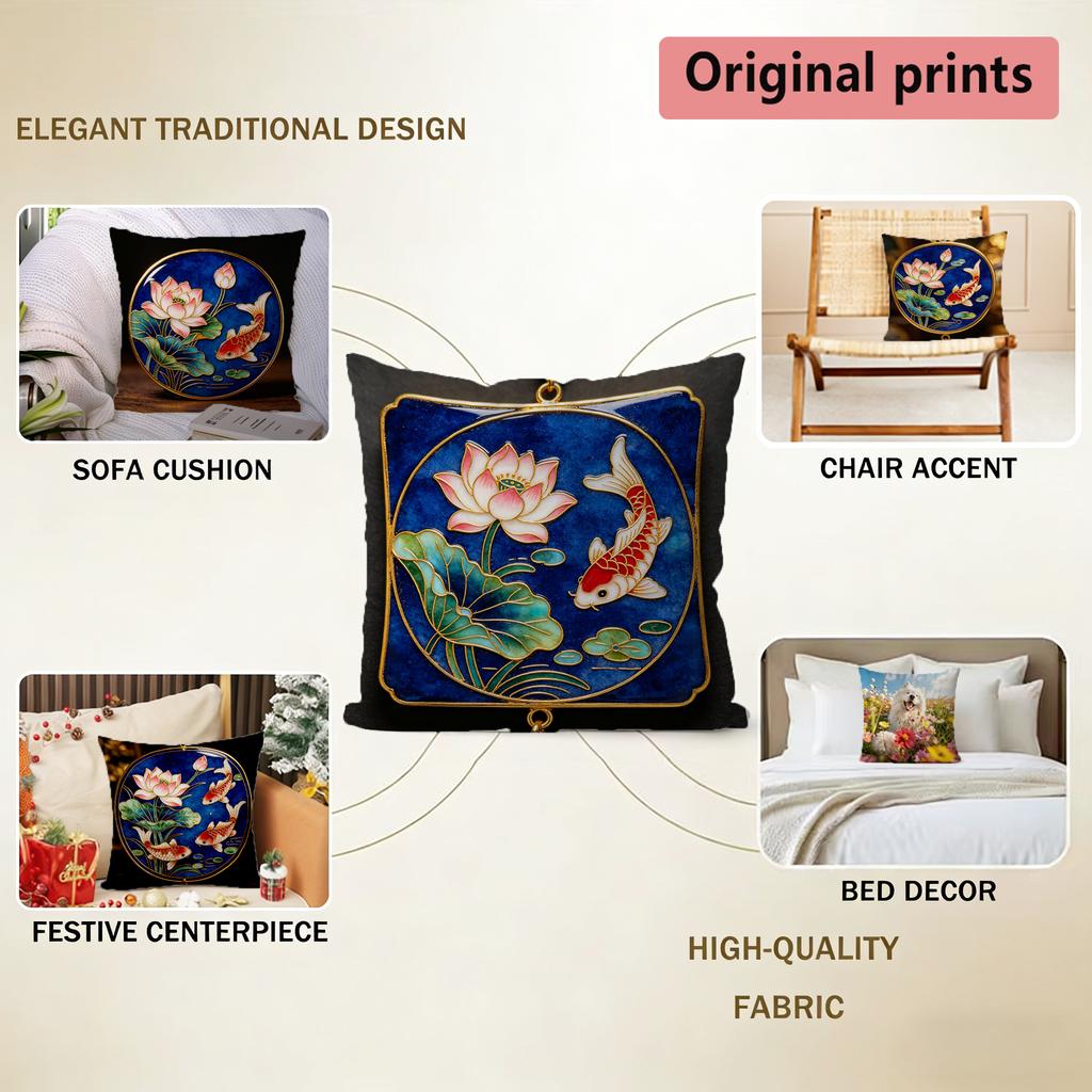 Lotus Koi Fish Enamel Style Throw Pillow Covers Pattern Cushion Cover Suitable For Sofa Bedroom Car Pillow Cover