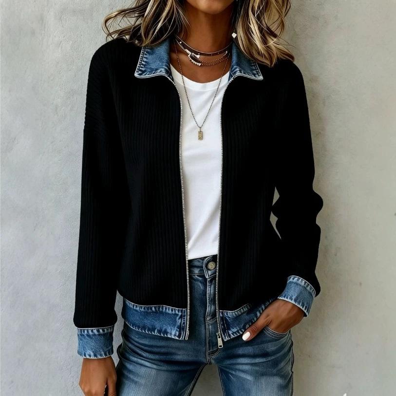 Women Multi-color Striped Chenille Zip Up Jacket Contrast Denim Collar Long Sleeve Casual Loose Sweater Cardigan