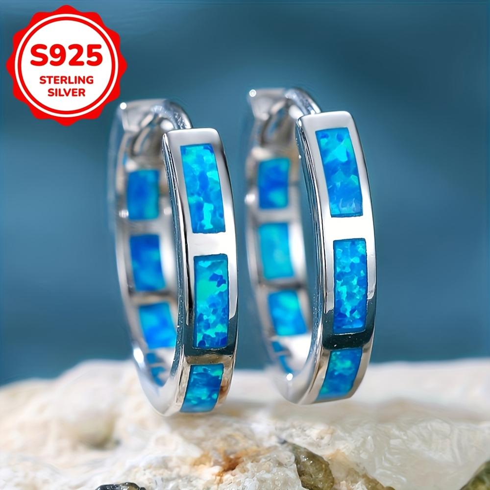 1 Pair S925 Sterling Silver Bohemian Style Blue Opal Hoop Earrings for Women Classical Wedding Circle Earrings Fine Jewelry