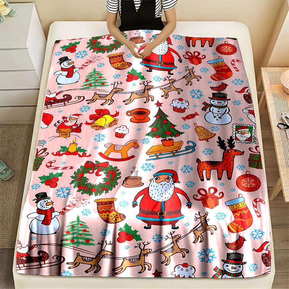 Christmas Santa Claus, Snowman, Wreath, Reindeer, and Stockings Pattern Reversible Flannel Throw Blanket - Digital Print, Soft 75X95CM