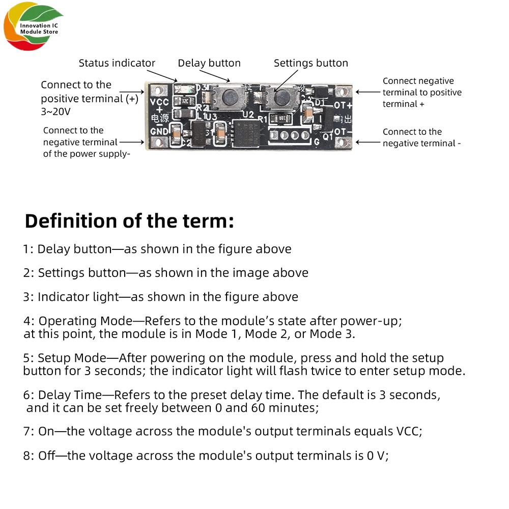 1-10 PCS 3–20V Wide-Voltage 3A Universal Delay Switch Module with Flexible Time/Operating Mode Control