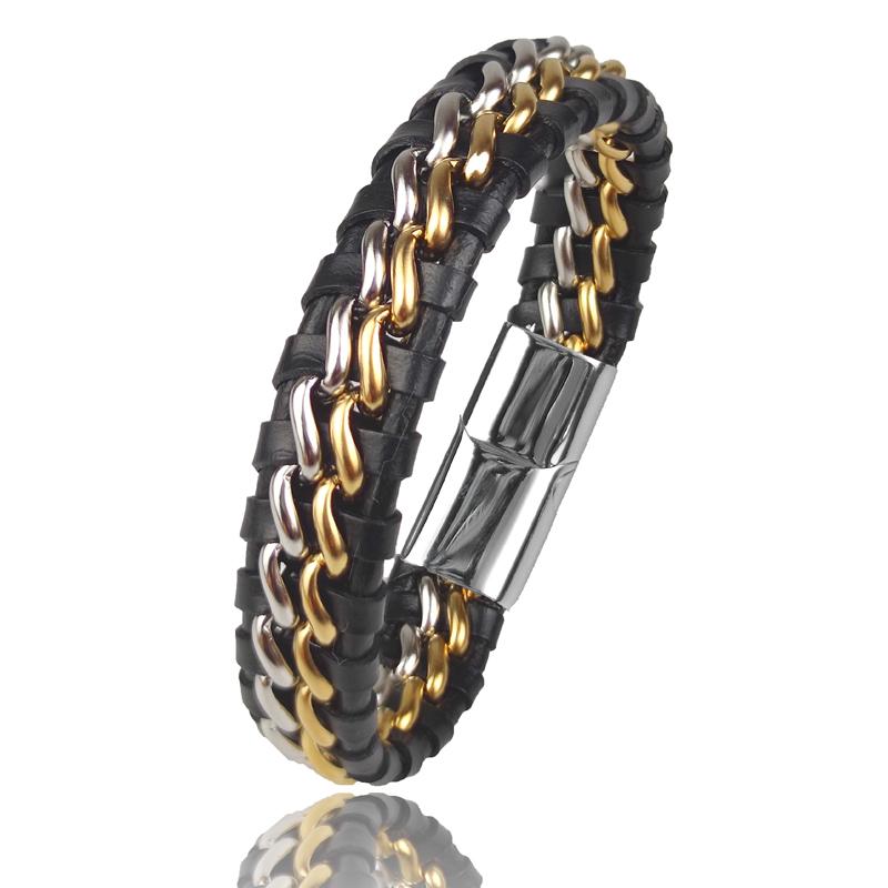 Genuine Leather Chain Bracelet for Men Magnetic Stainless Steel Clasp in Plated Gold Exclusive Jewellery Gift Dropping