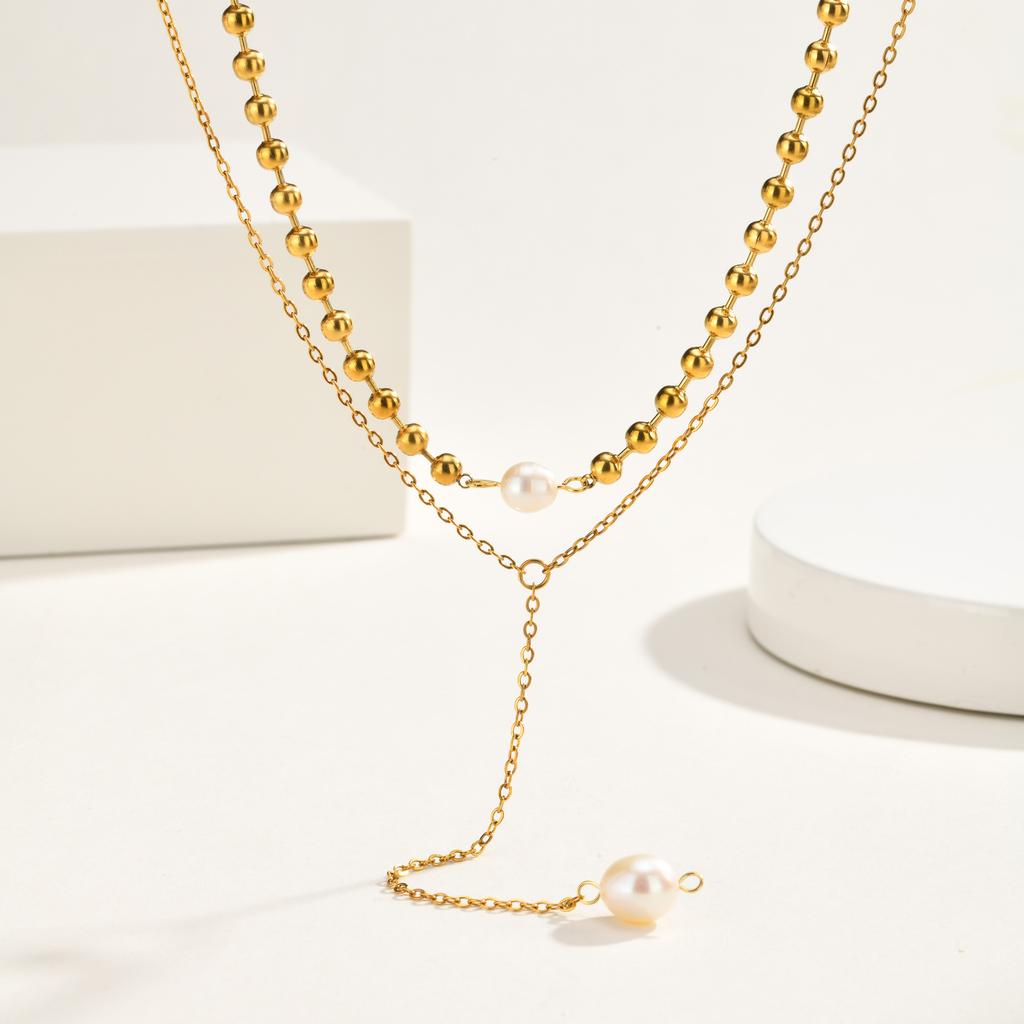 Pearl Y Necklace, 18K Gold Plated Stainless Steel, Waterproof Tarnish Free Lariat Choker Layering Jewelry Gift for Her