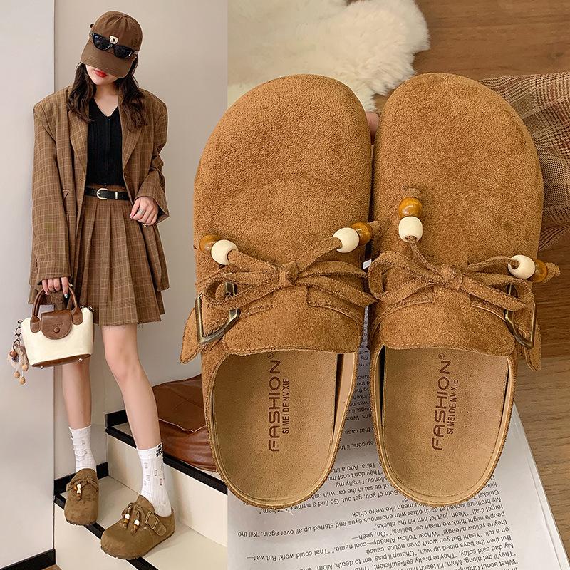 Boken Shoes Women's Retro Doll Head Casual Women's Shoes 2025 Autumn New One-pedal Lazy Soft Leather Soft-soled Single Shoes