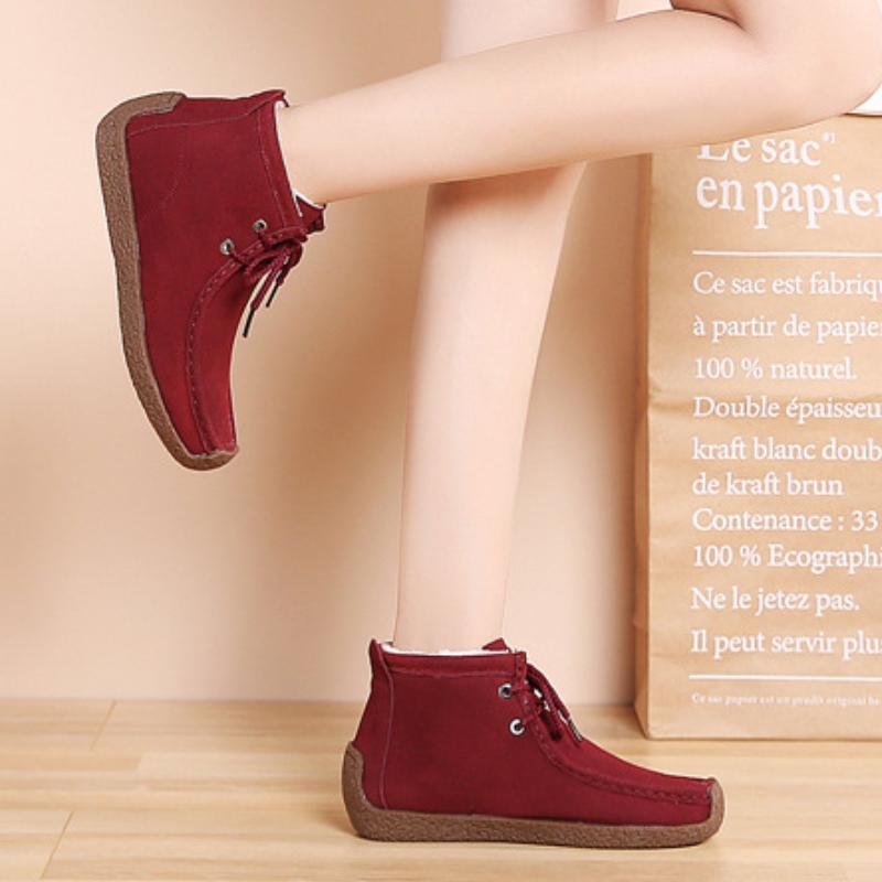 Plush Warm Women Short Boots Retro Cow Suede Flats Casual Walking Shoes Winter Snow Boots Soft-soled Mother Shoes