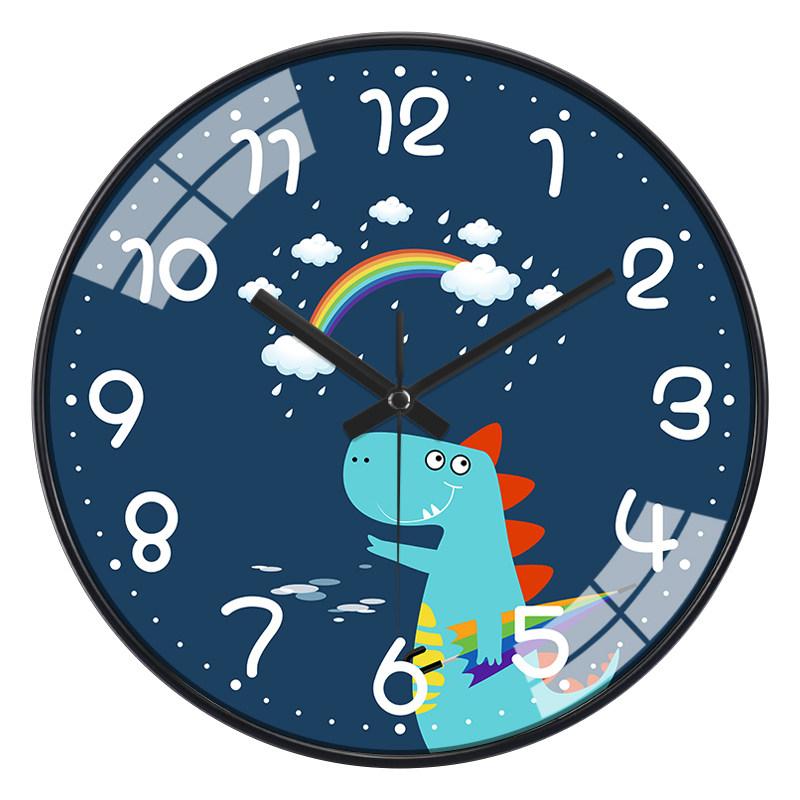 Kids Dinosaur Wall Clock Cute Cartoon Rainbow Design Easy To Read Round Quartz Clock for Boys Bedroom Nursery Classroom Decor