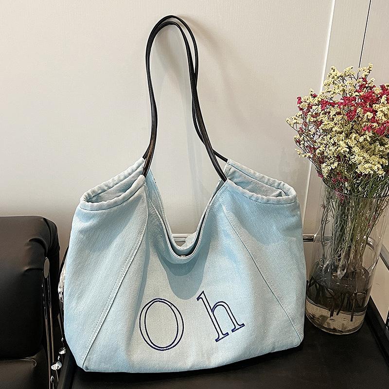 Vintage Denim Tote Bag Women's New Large Capacity Letter Shoulder Bag Commuter Armpit