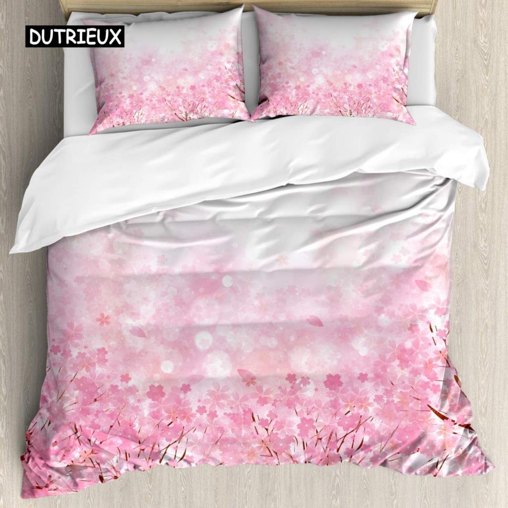 Japanese Duvet Cover Set Simplistic Cherry Blossom Tree Botanic Themed Pattern Fresh Organic Lines Bedding Set for Kids Girls