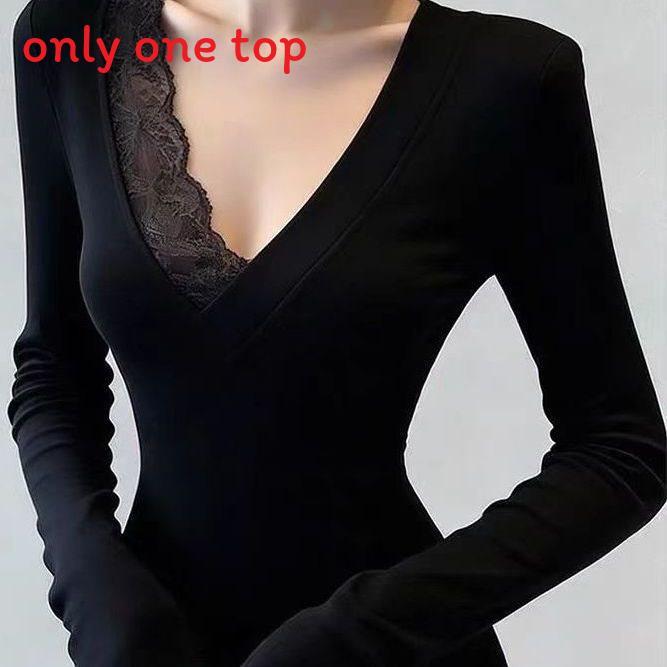 Plain Black Top With Lace Splicing V Neck For Spring Casual Wear