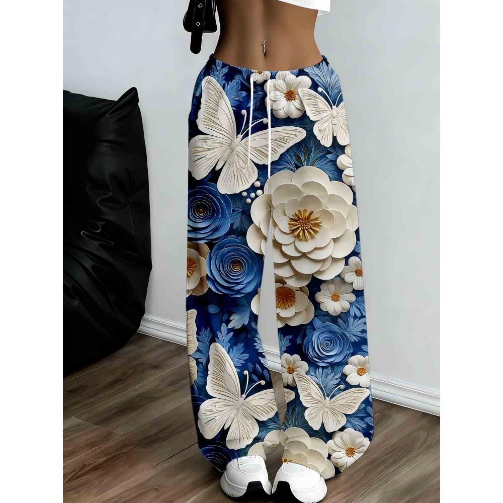 Women's casual loose long sweatpants, designed with floral butterflies, fashionable and comfortable with pockets