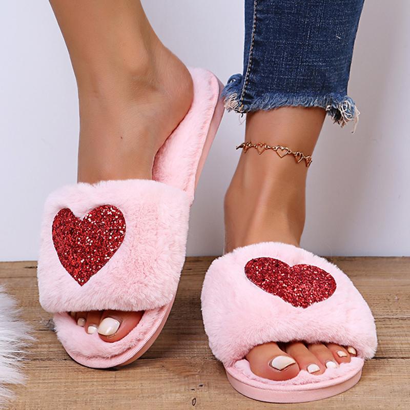 Fashion Fashion Heart Shaped Sequin Plush Slippers Women Open Toe Faux Fur Indoor Home Slides Woman Autumn Winter Fluffy Flat Slippers