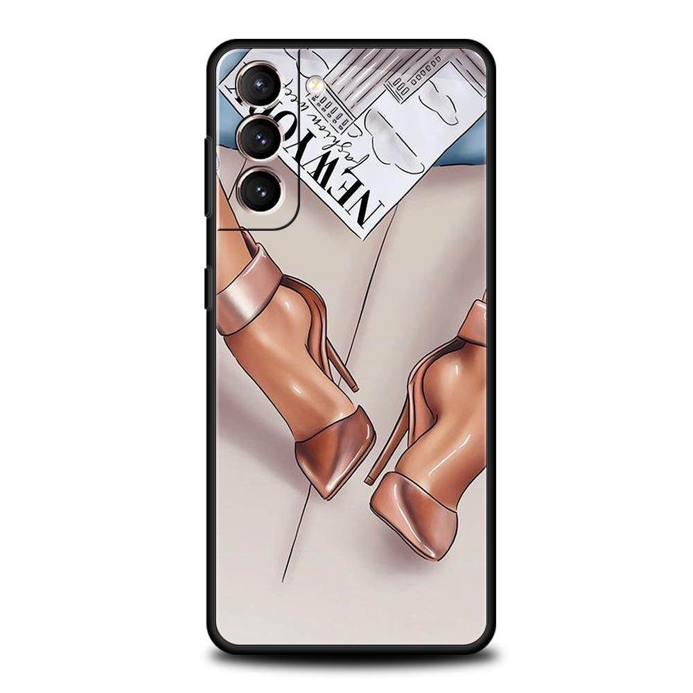 Mode High Heels Mädchen Frau Handyhülle Für Samsung Galaxy S26 Ultra S25 Plus S24 FE S23 S22 5G S21 S20 Hülle Schwarz Weich
