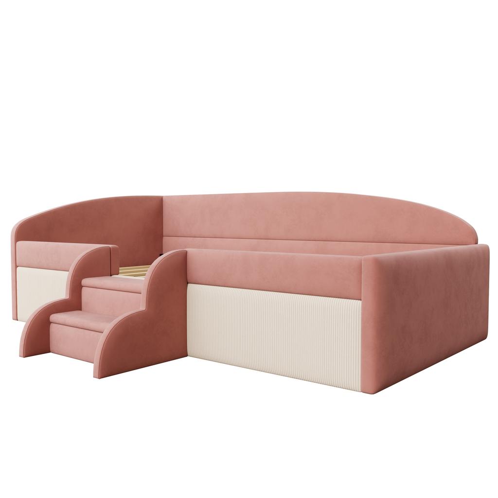 Upholstered Bed Sofa Bed, 90*190cm, Multifunctional Bed, with Steps and Guardrails, Skin-Friendly Velvet Fabric, without Mattress, Pink+Cream White