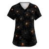 Womens V Neck Short Sleeve Work Shirt Side Slit Pockets Halloween Print Top Casual Comfortable Fit