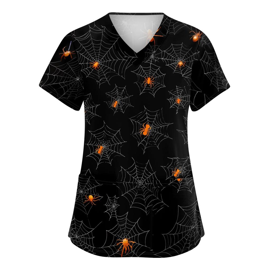 Womens V Neck Short Sleeve Work Shirt Side Slit Pockets Halloween Print Top Casual Comfortable Fit