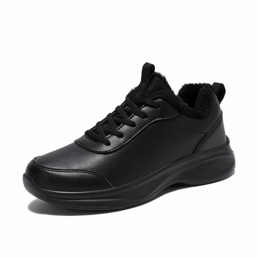 Leather shoes winter velvet warm cotton shoes two cotton non-slip running shoes flat all black sports and leisure shoes