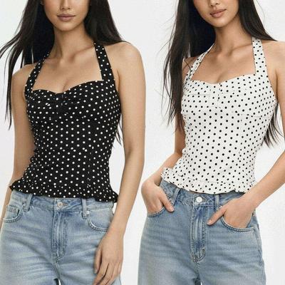 Sleeveless Y2k Dot Crop Top Slim Fit Women Camisole Sweet Halter Ruffle Vest Top  Summer
