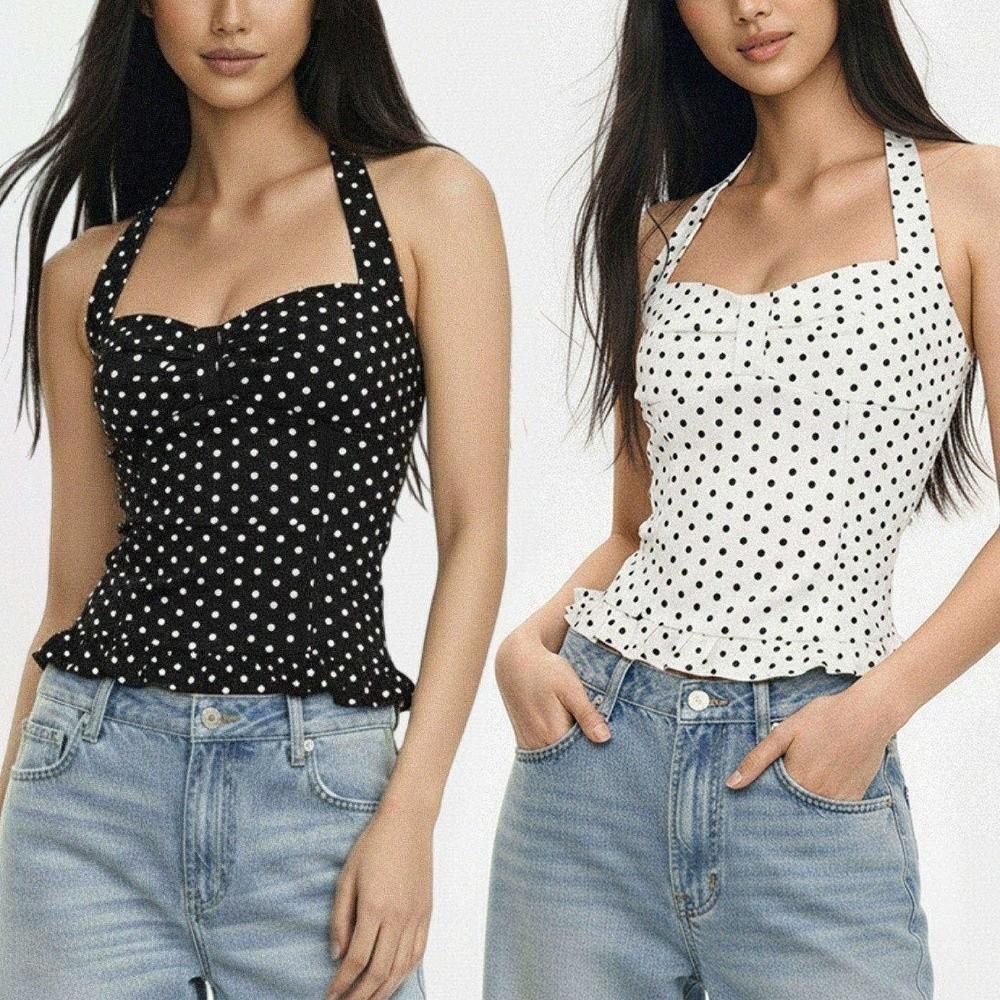 Lace Up Halter Ruffle Vest Top Slim Fit Women Camisole Comfortable Y2k Dot Crop Top  Female