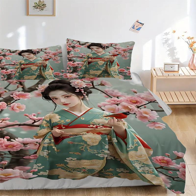3pcs Anime Kimono Design Comforter Set with One Quilt Cover and Two Pillowcases (No Core) - Festive Gift for Bedroom Decor, Polyester Fabric, Anime Ca
