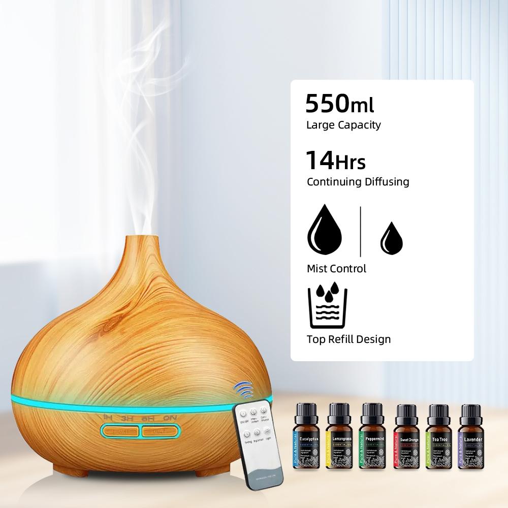 Diffuser For Home 550ml Aromatherapy Essential Oil Diffuser Wood Grain Remote Control Ultrasonic Air Humidifier Cool 7 Color LED