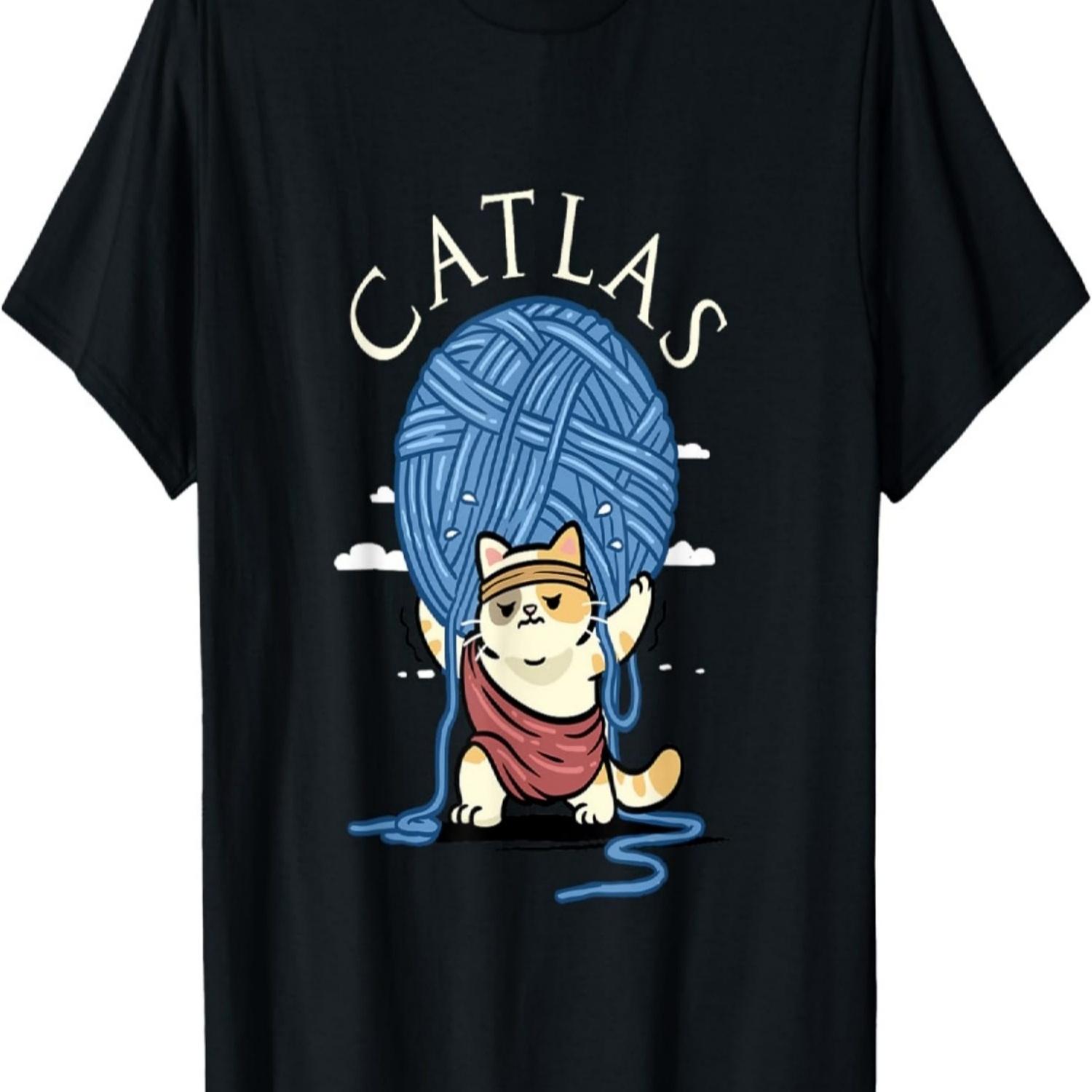 Funny Catlas Mythology Pun Cute Cat and Yarn Humor T-Shirt S чёрный