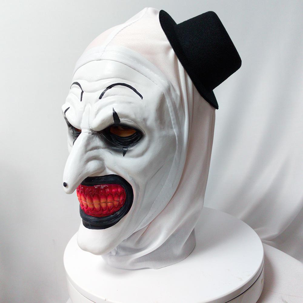 Horror clown mask for Halloween, scary masquerade mask with hat, white horror clown headgear