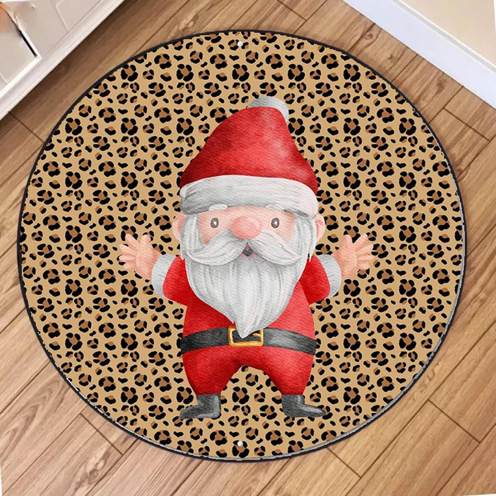 

Cartoon Vintage Leopard Santa Claus Round Carpet Mat Rug Christmas Gift Bag Holly Home Decoration Living Room Bedroom Party 80x80cm
