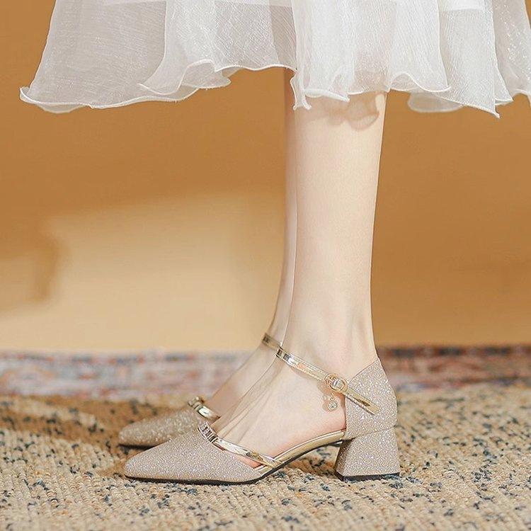 Summer bag head sandals thick heel new one-word buckle high heels middle heel pointed head with skirt cheongsam single shoes