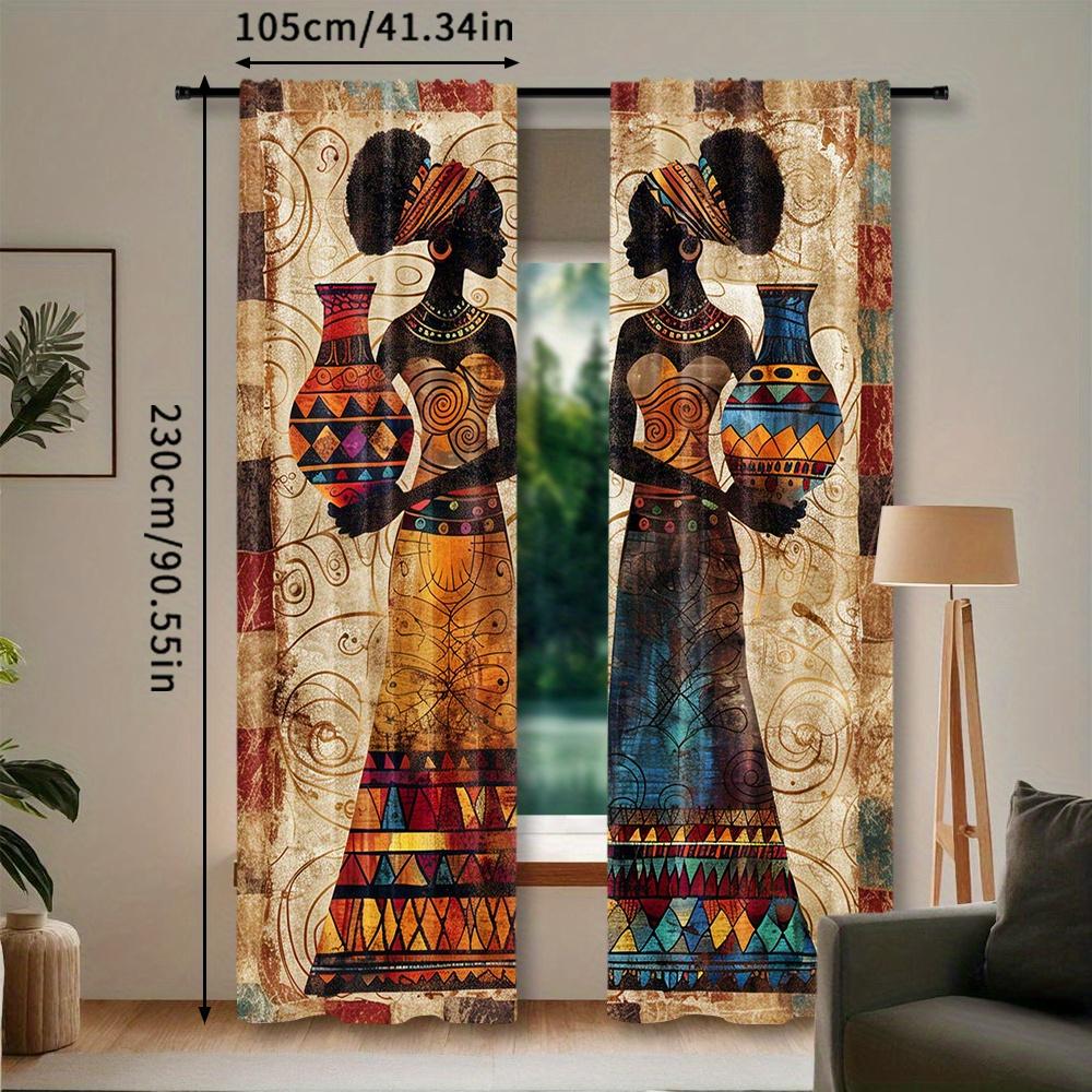 Set Of 2 Boho Women Print Curtains Digital Polyester Living Room Bedroom Study Dining Decor Bohemian Made Great Window Treatment