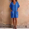 Women V Neck Loose Fit Linen Dress with Pockets Short Sleeve Casual Tunic Dress Comfortable Relaxed Style for Daily Wear