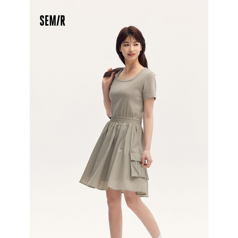 

Senma Dress Women s Fake Two-Piece Denim Casual Trendy Easiest for Match 2024 New Arrival Summer Square Collar Slimming Short Skirt Small Black 90001 155/80A/S