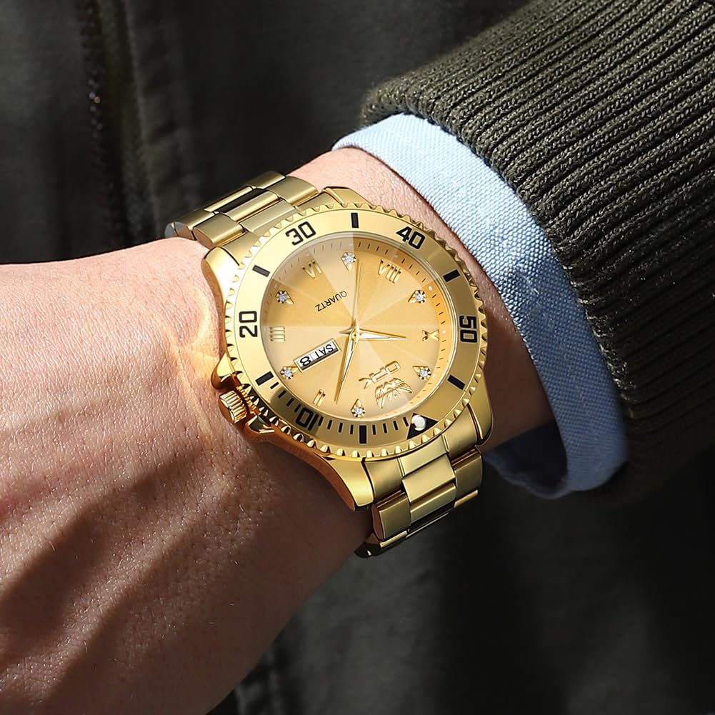 OPK Men's Quartz Watch with Date Display, Waterproof, Luminous, Stylish, Classic Stainless Steel Watch for School or Office, Gold