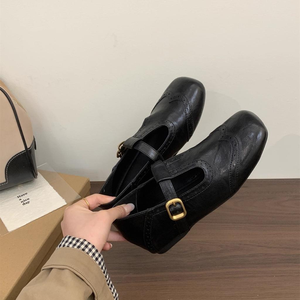 Inner heightening single shoes autumn retro suede one-pedal soft-soled Maillard Mary Jane ballet small leather shoes