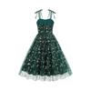 Women Sleeveless A Line Midi Dress with Embroidered Floral Mesh Overlay Adjustable Spaghetti Straps Backless Design