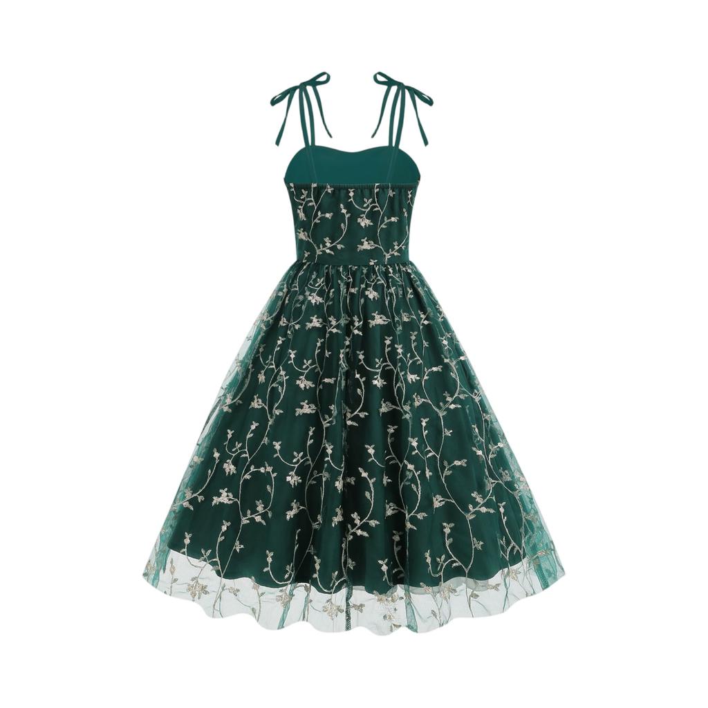 Women Sleeveless A Line Midi Dress with Embroidered Floral Mesh Overlay Adjustable Spaghetti Straps Backless Design