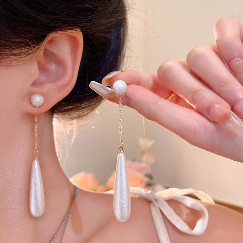 French water drop pearl long fringed earrings women s elegant temperament earrings fashion popular earrings