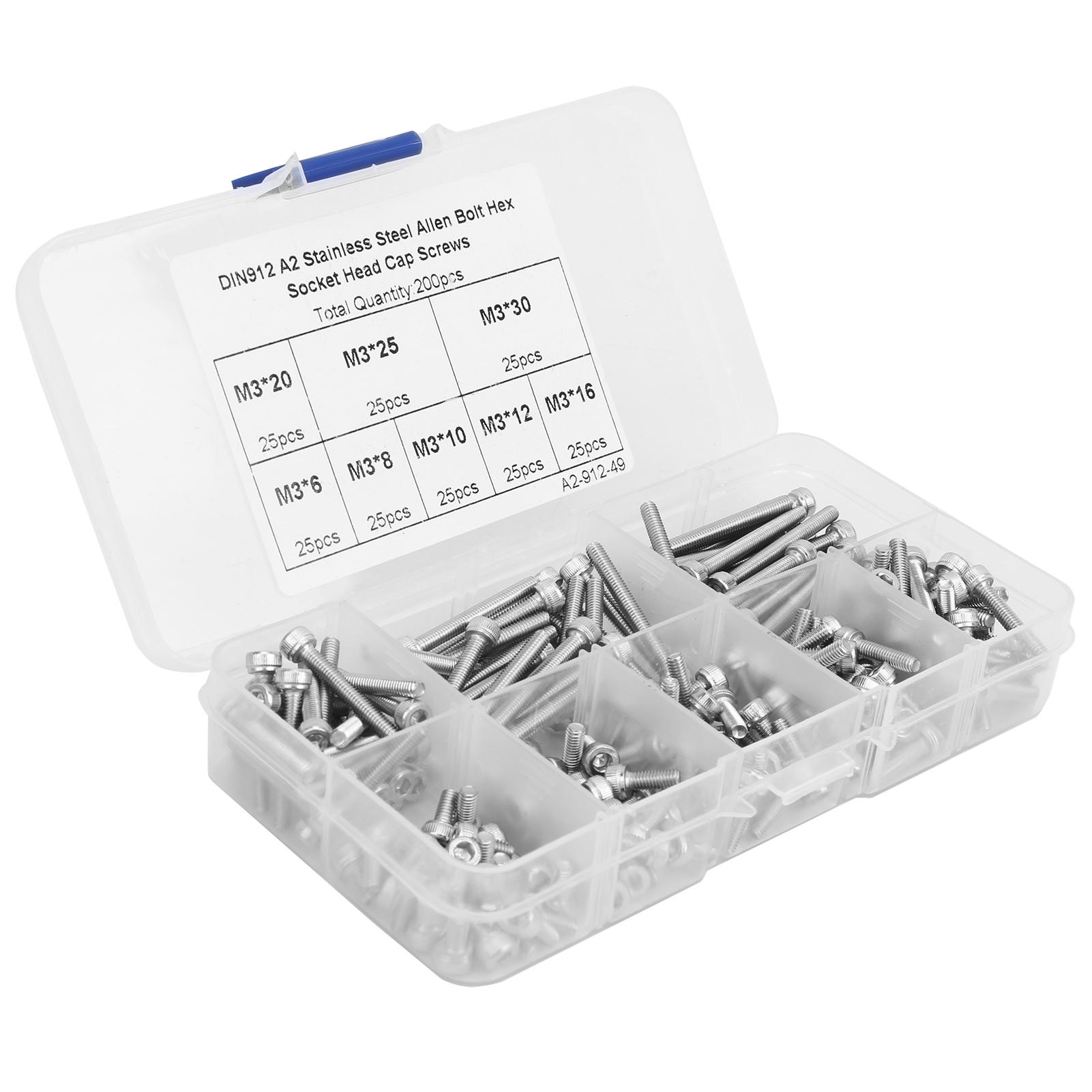 

200Pcs Hex Socket Cap Head Screw 304 Stainless Steel Boxed Hardware Accessories M3