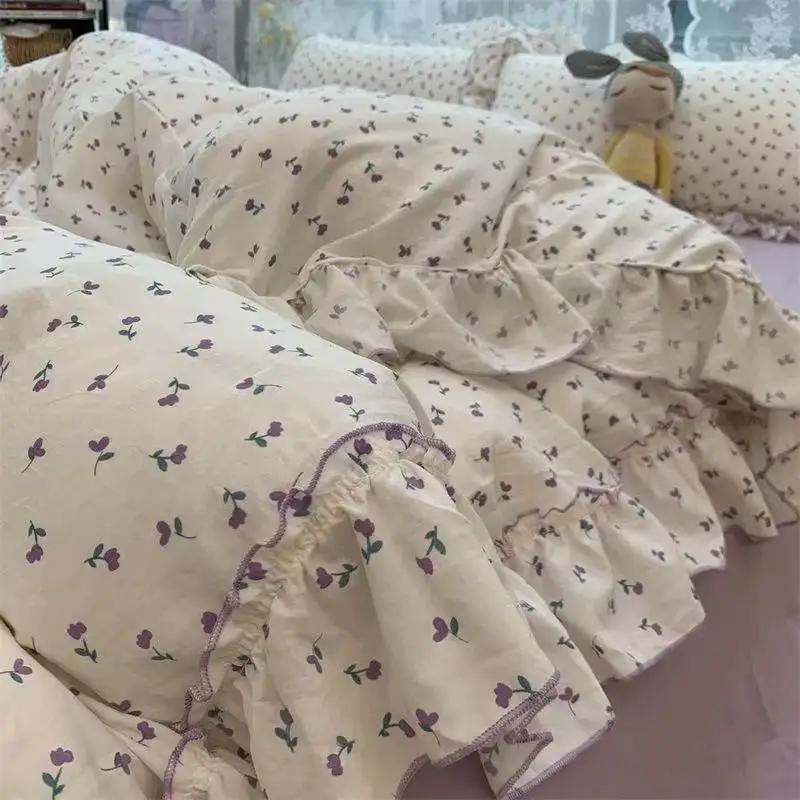 Korejský styl Princeznovský květinový povlečení Set Praná bavlna Vintage Francouzský pastorační Květiny Krajka volány Sada povlaku na přikrývku Povlak na polštář 200x230 4pcs