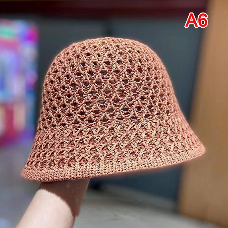 Handmade Crochet Floppy Top Summer Hats Collapsible Dome Bucket Hat Hollow Out Solid Color Beach Caps Simplicity Soft Women Hat