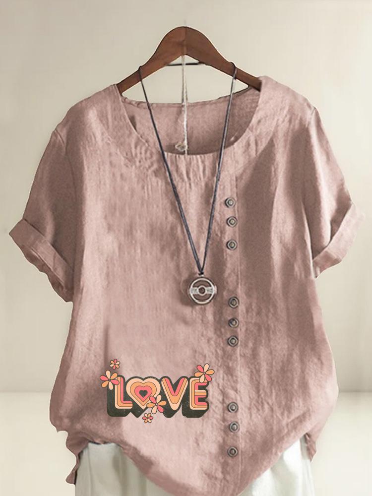 

Women s Fashion Love Letters Print Casual Cotton Linen Short Sleeve Round Neck T-shirt Shirt Leisure Loose Summer Blouse Tops S розовый