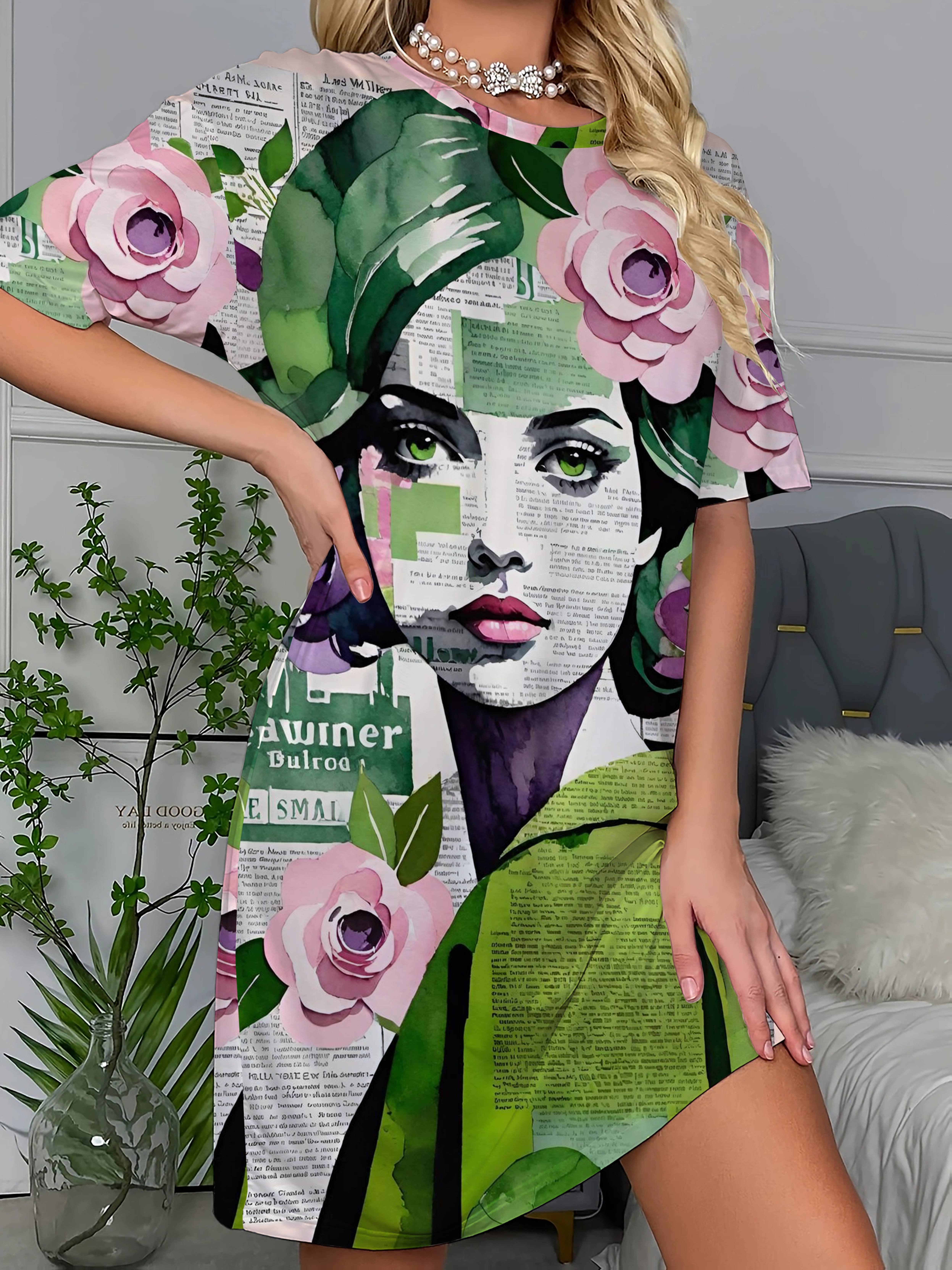

Women s Newspaper Collage and Watercolor Floral Print Round Neck Short Sleeve Nightdress XL дубильна кора