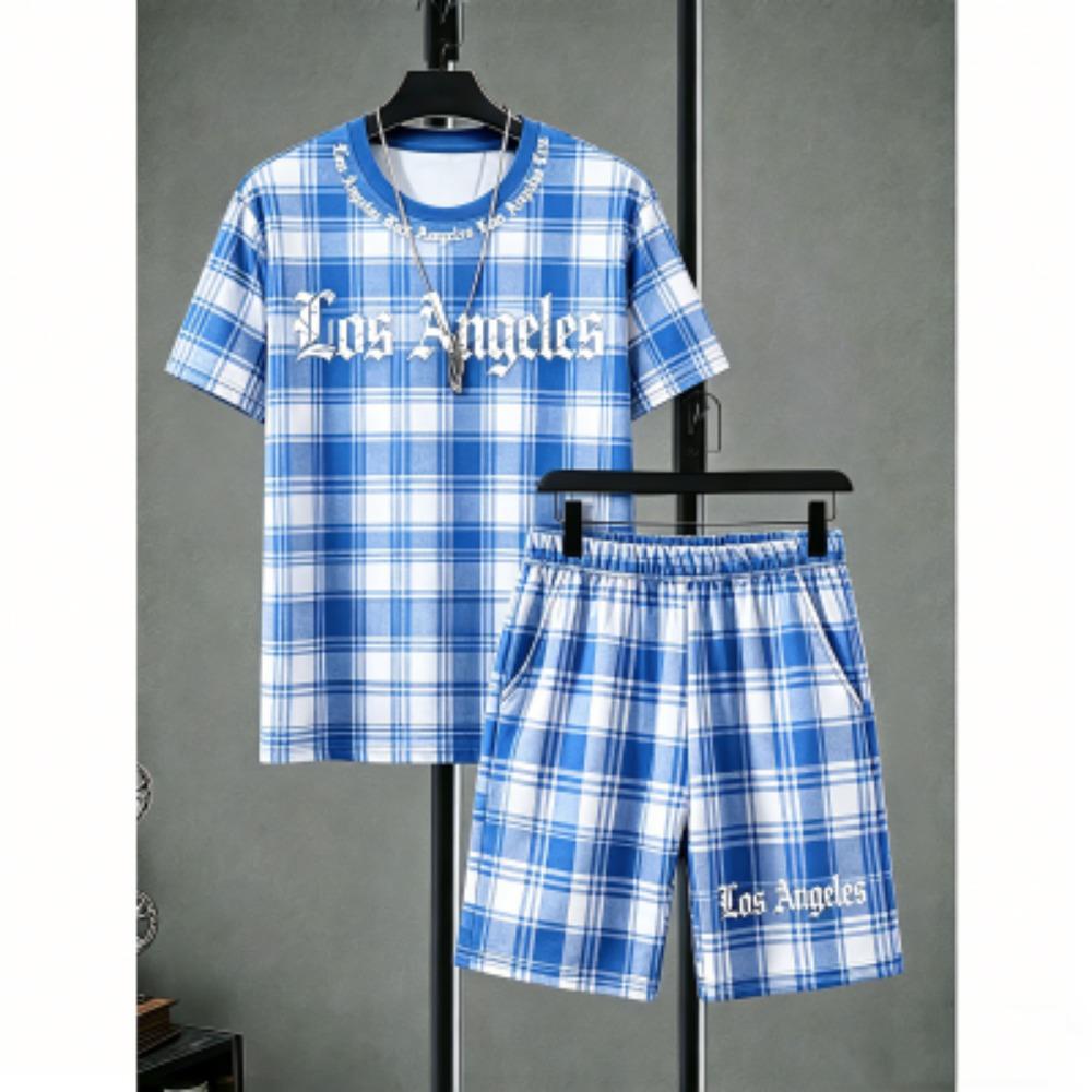 Fashion Men's Set Letter Striped Grid Printed Men's T-shirt and Shorts 2 Piece Set Summer Casual Outdoor Men's and Women's T-shirt Sets