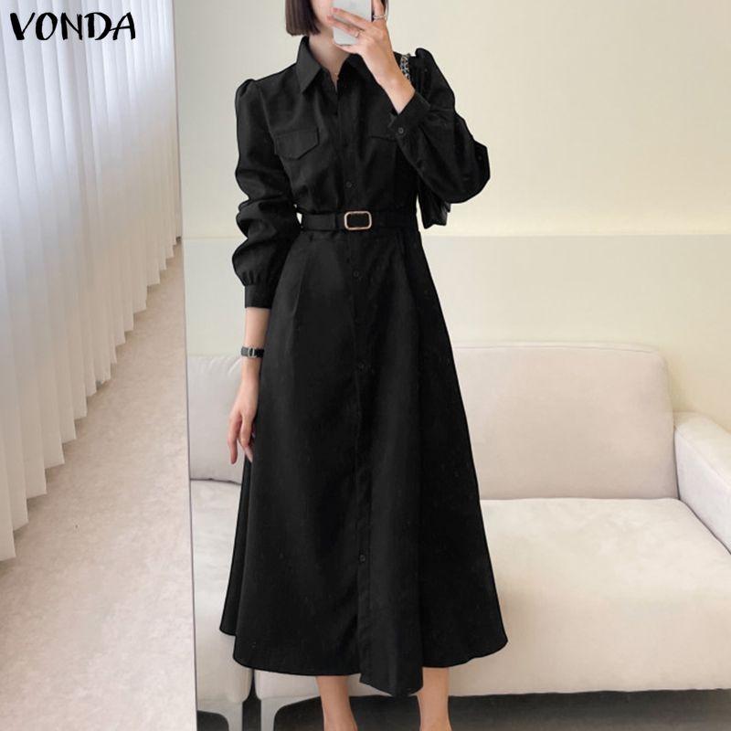VONDA Women Turn Down Collar Casual 3/4 Sleeve Loose Office Shirts Dress Work Wear