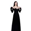 French retro Hepburn style autumn and winter new long-sleeved knitted thin lace splicing temperament long dress black dress