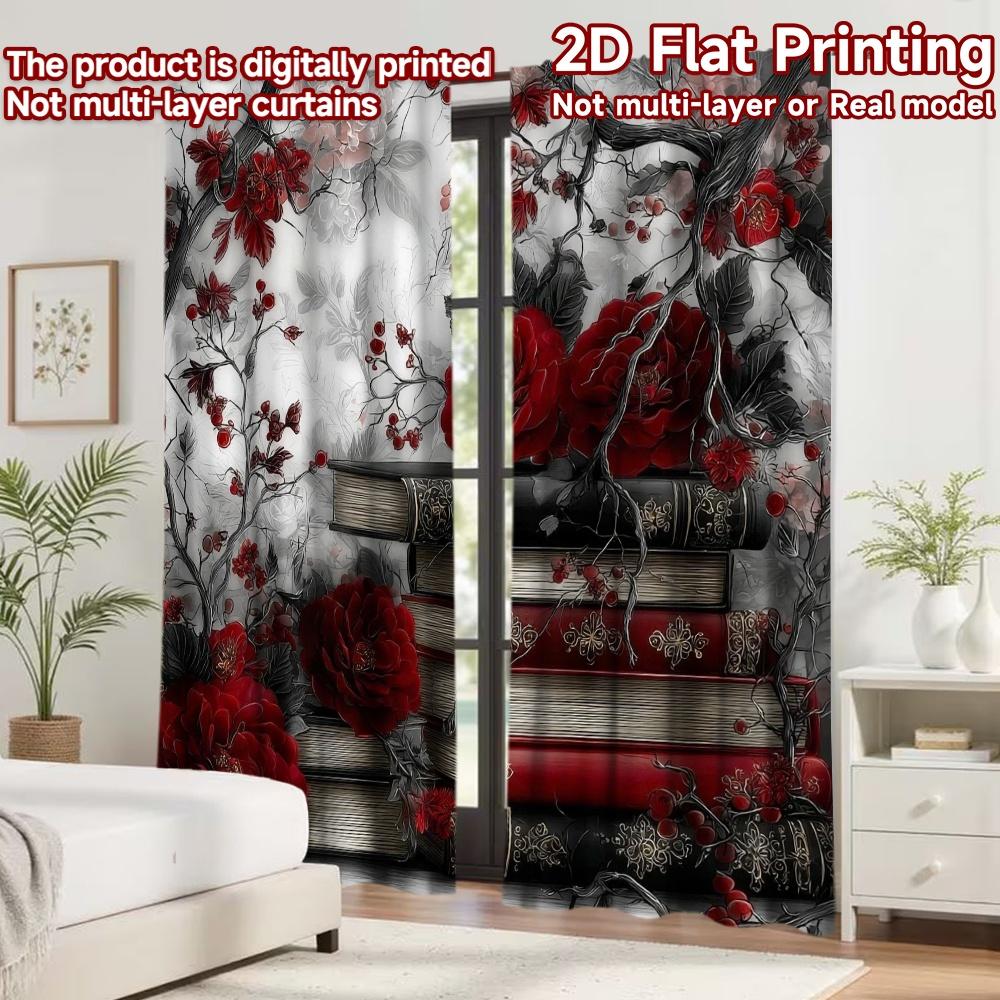 2D flat printing 2pcs Curtain Curtain Gothic Roses and Books Digital Printed Polyester Drapes Birthday Party Perfect for Yard &