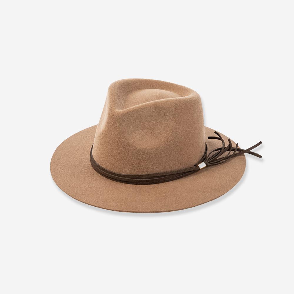 Autumn and winter new fashion casual PU leather rope decoration wide brim crown top wool jazz hat concave top hat tide