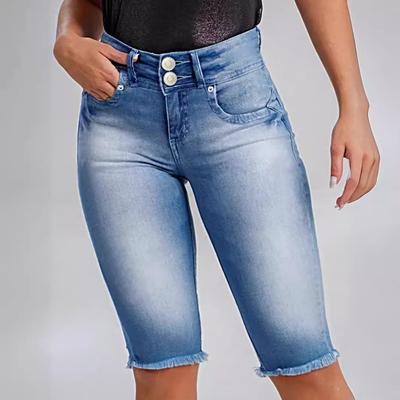 Dámské letní džínové šortky Vysoký pas Stretch Délka ke kolenům Džíny Šortky Dámské Skinny Slim Tassel Krátké kalhoty