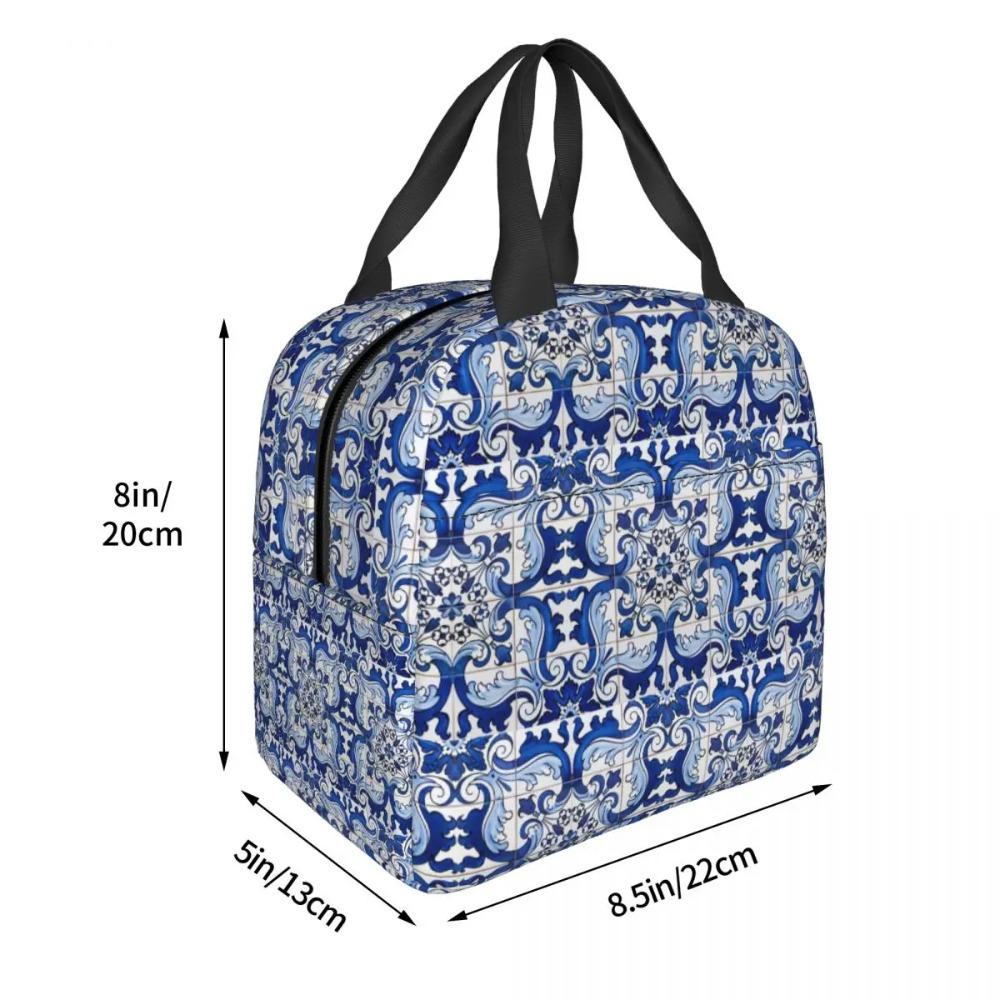 Antique Classic Lisbon Blue Azulejo Tile Floral Pattern Insulated Lunch Bag for WomenOffice Cooler Thermal Food BoxTote Portable